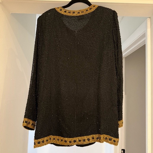 Vintage Stenay 100% Silk Black Gold Beaded Long Sleeve Blouse Evening Elegant LG - Picture 8 of 13